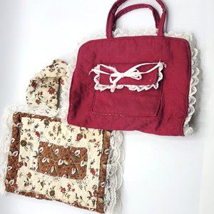 2 Vintage Handmade Quilted Fabric Book Notebook Bible Cover Carrying Case Tote